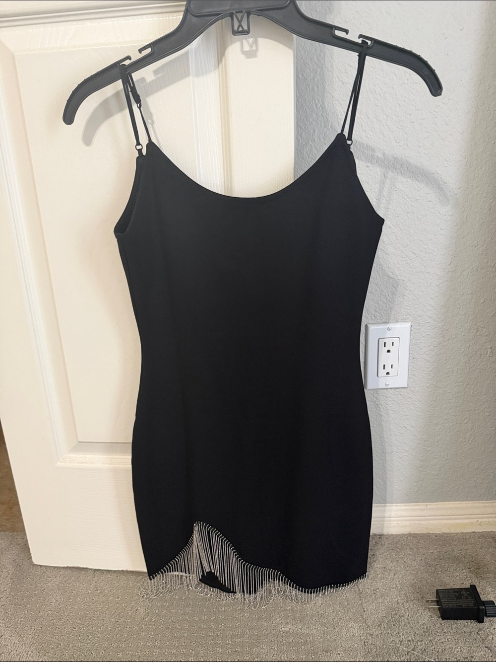 NWOT Superdown Black Spaghetti Strap Mini Dress with Fringe Hem